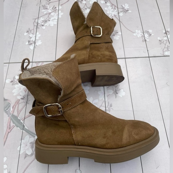 Zara Tan Suede Ankle Boots with Buckle - Picture 1 of 7